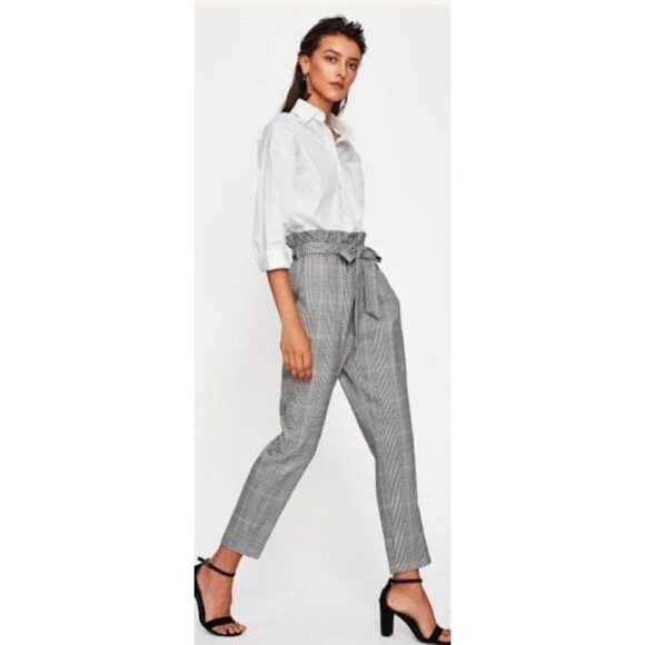 Zara Black & White Houndstooth Plaid High Rise Paperbag Trouser Pants S - Picture 1 of 5